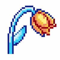 Pixel art wilted yellow flower with bent blue stem and leaf, retro game plant, withering botanical illustration vector
