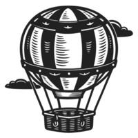 Vintage hot air balloon illustration with basket and clouds hand drawn retro flight transportation, adventure sketch design vector