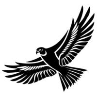 Flying falcon spreading wings in mid air black and white illustration of majestic bird with detailed feathers soaring gracefully vector