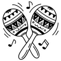 Maracas illustration with decorative patterns hand drawn musical instrument, black and white, festive rhythm, music notes vector