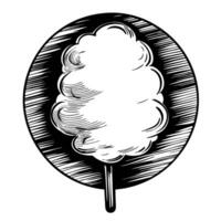 Hand drawn cotton candy illustration with stick vintage food sketch in black and white, round frame, sweet dessert treat vector