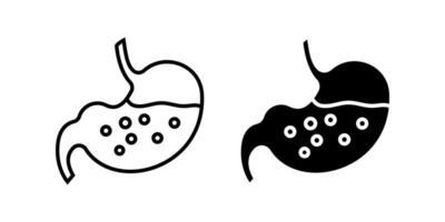 Stomach icon set. Diagrammatic illustration of a stomach with contents, shown in both outline and solid fill versions. Useful for medical, educational, or biological contexts. vector