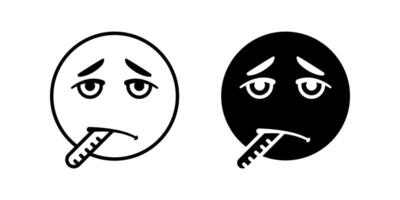 Sick icon set. A minimalist line drawing illustration of a sick face emoticon with a thermometer in its mouth, depicting illness and feeling unwell. Available in black and white variations. vector