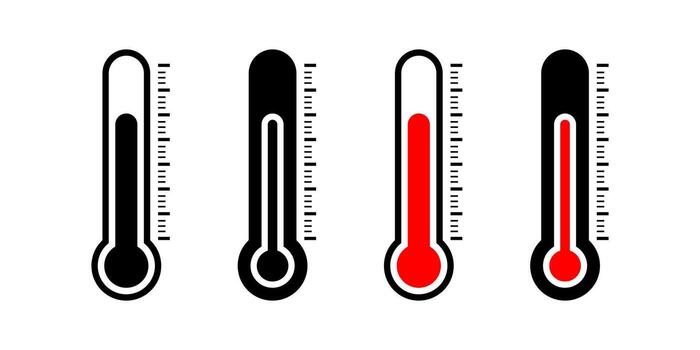 Thermometer icon set. one outlined and one filled, representing temperature measurement and illness. This graphic is clean and easy to use for various medical or weather related designs. vector