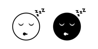 Sleeping icon set. A set of two simple line art emoji icons, one white and one black, depicting a sleepy face with closed eyes, a sleeping snore, and Zzz symbols. vector