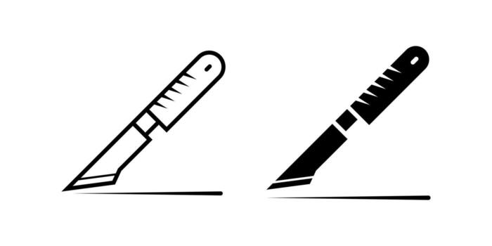 Surgical knife icon set. A simple line art illustration of a craft scalpel. Two style variations of scalpel icon, outline and solid. Cutting a line with sharp blade surgical tool. vector