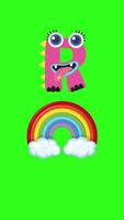Colorful animation with a lively letter R transforming into a character alongside a vibrant rainbow on a green background video