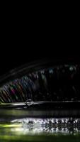A soap bubble displays vibrant color reflections in a dark setting, captured in slow motion with dynamic lighting video
