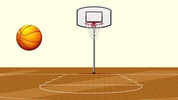 A basketball bounces energetically across a court, interacting with a hoop in a smooth, rhythmic animation video