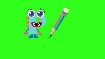 A playful animation with a cartoon character and pencil on a green background, illustrating the letter P video