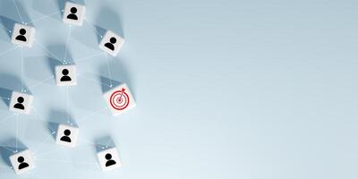 3D render of a network of interconnected white cubes with black person icons and one red target icon, symbolizing social networking, audience targeting, business goals, leadership, and strategic focus photo