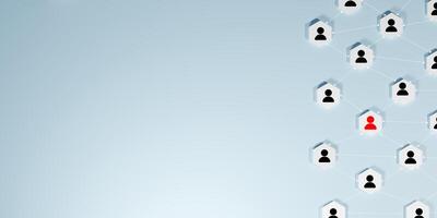 A network of connected blocks with black human icons, highlighting one red icon, on light blue background, symbolizing community, social networking, finding individuals, and digital interconnectedness photo