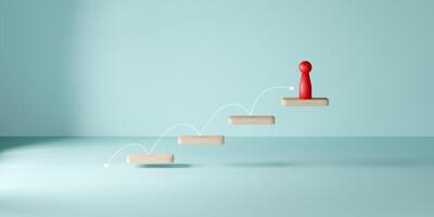 Red human-shaped doll stands on top of a four-step wooden platform with a dotted path, symbolizing career progression, personal growth, achievement, success, and overcoming challenges to reach goals. photo