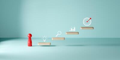 Red doll climbing wooden steps with light bulb, magnifying glass, graph, and target icon on light blue background, symbolizing business growth, goal achievement,strategy, and planning. photo