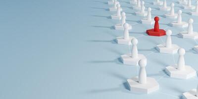 3D render of a striking red hexagonal doll standing out among a network of white hexagonal doll, symbolizing unique leadership, individuality, differentiation, and standing apart from the crowd. photo
