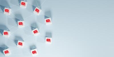 3D render of a network of interconnected white cubes with red chat bubble icons, symbolizing social media, online communication, community interaction, digital connectivity on a soft blue background. photo