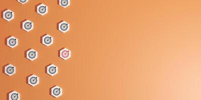 3D render of blocks with black and white target icons, featuring one distinct red target, set on orange background, symbolizing focused goals, strategic objectives, precision, identifying key targets. photo