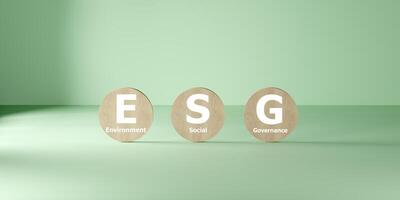 3D render of three round wooden blocks spelling ESG, representing sustainable business, corporate responsibility, environmental awareness, ethical investment, governance on soft green background. photo