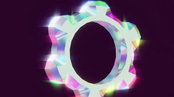 Iridescent holographic gear rotating with rainbow shimmer animation. video