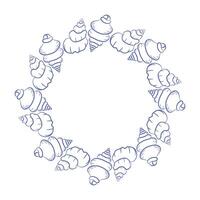 Circular wreath made of spiral cone seashells in detailed outline style. Marine frame for coastal branding, packaging, or beach wedding stationery. vector