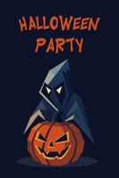 Spooky Halloween greeting card with pumpkin lantern and hooded figure in dark cartoon style vector