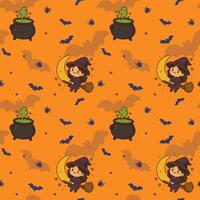 Halloween pattern with cute witches and bats vector