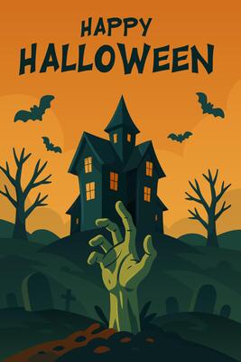 Creepy Halloween scene with haunted house, zombie hand, and bats on orange sunset background