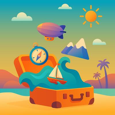 Dream vacation concept with suitcase, ocean wave, sailboat, and travel elements in flat gradient style