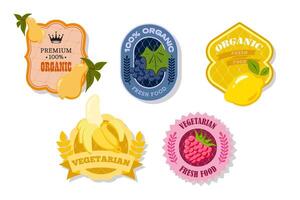 Retro fruits banner and labels. Different juices stickers. Packaging tags with pear, grape, lemon, banana, raspberry. Set of seasonal fruits labels stickers and marks or badges template for packaging vector