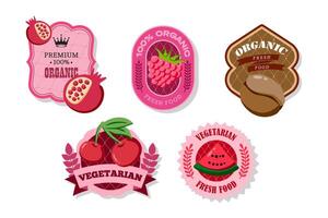 Retro fruits banner and labels. Different juices stickers. Packaging tags with coffee, watermelon, raspberry, pomegranate. Set of fruits labels stickers and marks or badges template for packaging vector