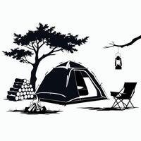 Camping Tent and Campfire Scene with Trees Chair Lantern and Wood Logs in Nature vector