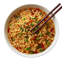 Bowl of spicy noodle soup with green peas in broth and chopsticks ready to eat, Transparent Background png