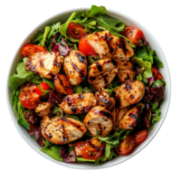 Grilled chicken salad prepared with fresh greens and cherry tomatoes served in a large bowl, Transparent Background png