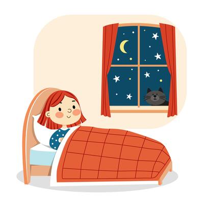 Red-haired girl lies in bed near the night window and a cat.