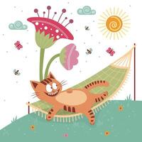 Cat lounging in a colorful garden hammock vector