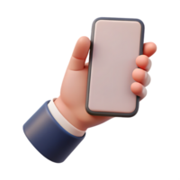 Cartoon hand with blank phone screen on transparent background png