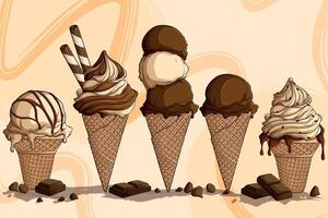 Variety of delicious ice cream cones vector
