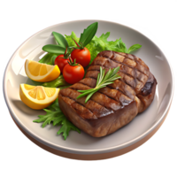 Grilled steak with lemon wedges and cherry tomatoes on plate png