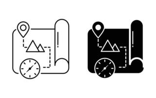 treasure map icon set with location and path, compass symbol. illustration. vector