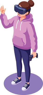 Young woman wearing purple hoodie using virtual reality headset and controller in interactive digital experience