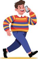 Man walking while talking on phone wearing colorful striped sweater and blue pants digital illustration vector