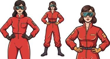 Woman in red jumpsuit with futuristic visor and confident stance in three poses illustration vector