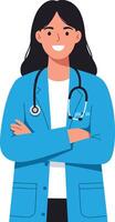 Female doctor in blue medical coat standing with arms crossed and smiling confidently in portrait style vector