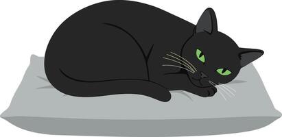 Black cat with green eyes resting peacefully on gray cushion indoor pet relaxation calm mood vector