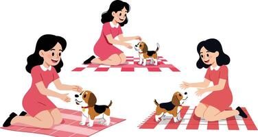 Young girl playing with small beagle puppy on checkered pink picnic blanket indoor scene natural light vector