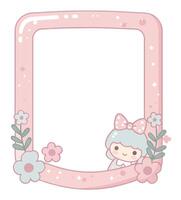 Pink cute cartoon frame with flowers and character in bow headband for decoration and design vector