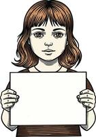 Young girl holding blank white sign for messages or announcements with serious expression natural drawing style vector