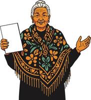 Elderly woman holding blank paper wearing floral patterned shawl with fringe smiling happily vector
