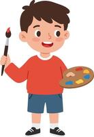Boy holding paintbrush and color palette smiling happily in casual clothing creative expression art activity vector