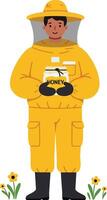 Beekeeper in protective yellow suit holding honey jar standing near small flowers illustration vector